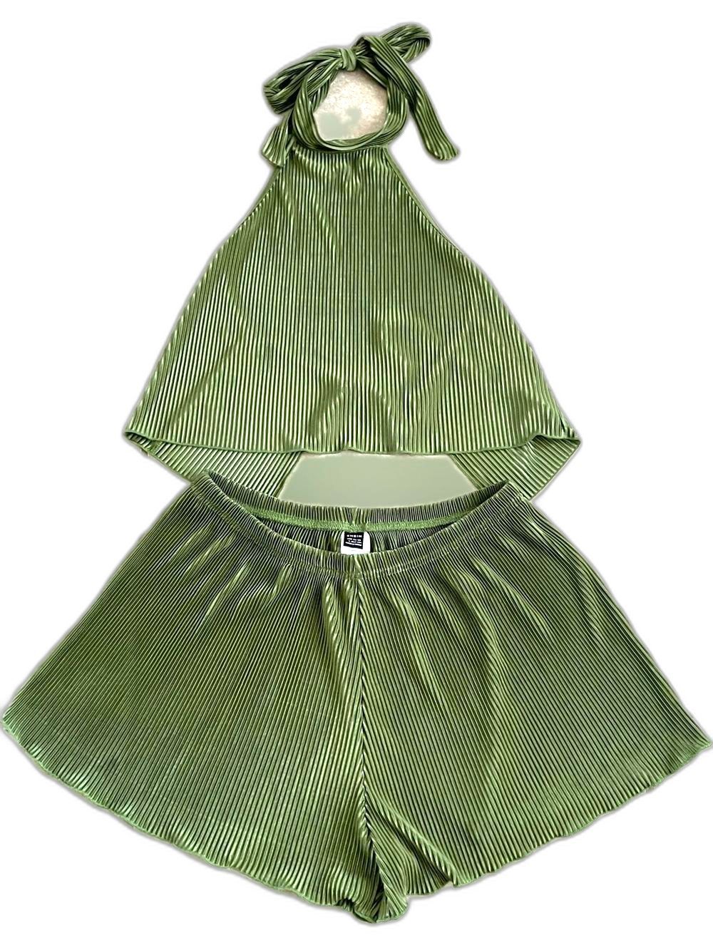 Summer set of 2 Olive Green Pleated Halter Top & Shorts 2 piece Set- backless